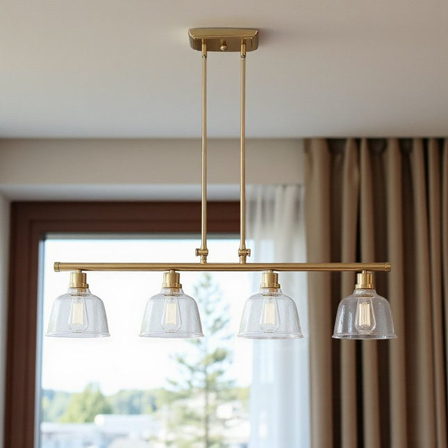Gold Kitchen Island Four Light Metal and Seeded Glass Dimmable Chandelier With Clear Shades HomeRoots