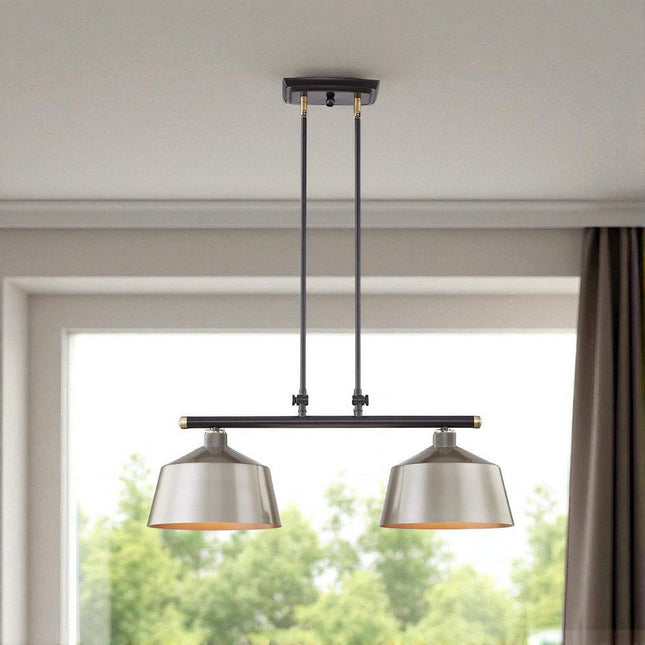 Black And Gray Kitchen Island Two Light Metal Dimmable Chandelier With Gray Shades HomeRoots