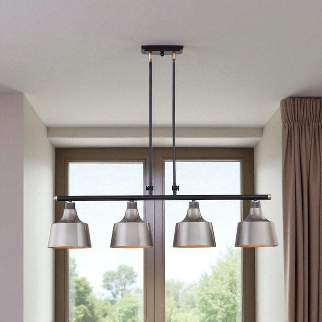 Black And Gray Kitchen Island Four Light Metal Dimmable Chandelier With Gray Shades HomeRoots