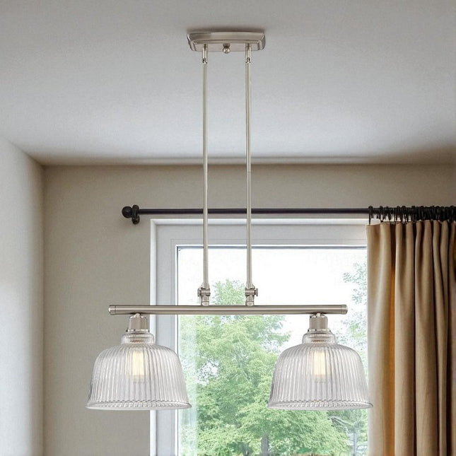 Nickel Kitchen Island Two Light Metal and Transparent Glass Dimmable Chandelier With Clear Shades HomeRoots