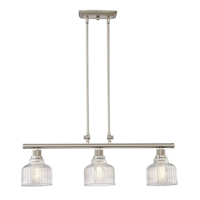 Nickel Kitchen Island Three Light Metal and Transparent Glass Dimmable Chandelier With Clear Shades HomeRoots