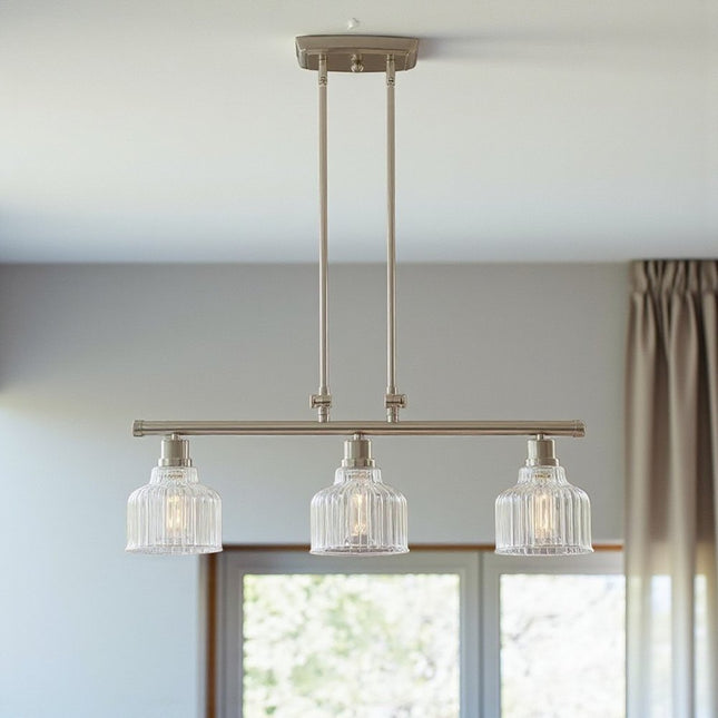 Nickel Kitchen Island Three Light Metal and Transparent Glass Dimmable Chandelier With Clear Shades HomeRoots