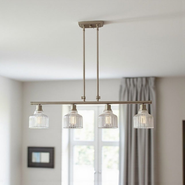 Nickel Kitchen Island Four Light Metal and Transparent Glass Dimmable Chandelier With Clear Shades HomeRoots