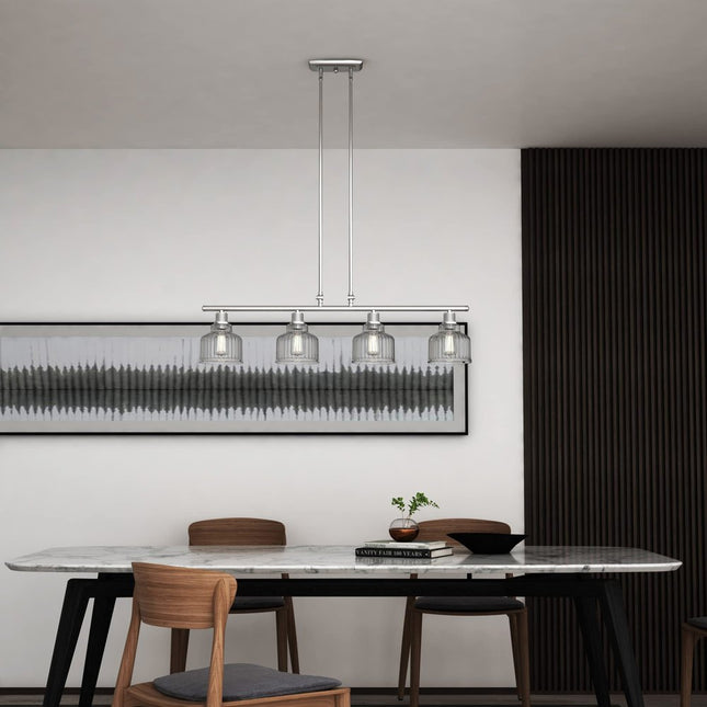 Nickel Kitchen Island Four Light Metal and Transparent Glass Dimmable Chandelier With Clear Shades HomeRoots