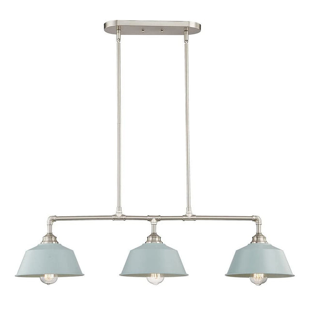 Nickel Kitchen Island Three Light Metal Dimmable Chandelier With Light Blue Shades HomeRoots