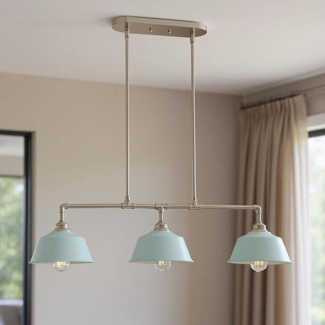 Nickel Kitchen Island Three Light Metal Dimmable Chandelier With Light Blue Shades HomeRoots