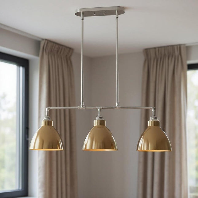 Gold And Silver Kitchen Island Three Light Metal Dimmable Chandelier With Gold Shades HomeRoots