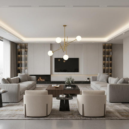 Brass Candle Style Four Light Metal Dimmable Chandelier With White Shades