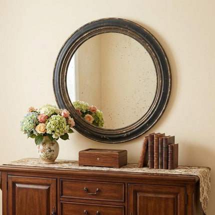 24" Dark Brown Distressed Wood Round Framed Accent Mirror HomeRoots