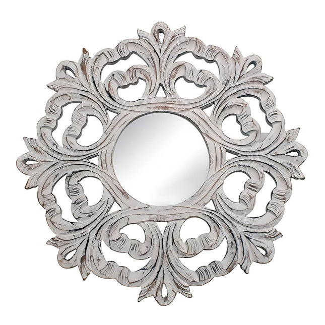 24" White Floral Scrollwork Distressed Round Framed Accent Mirror HomeRoots
