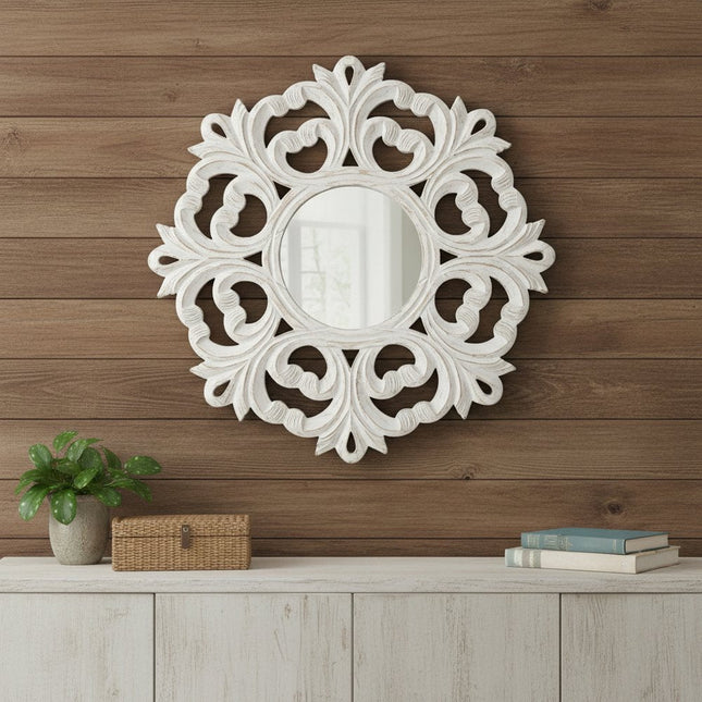 24" White Floral Scrollwork Distressed Round Framed Accent Mirror HomeRoots
