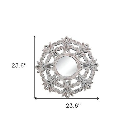 24" White Floral Scrollwork Distressed Round Framed Accent Mirror HomeRoots