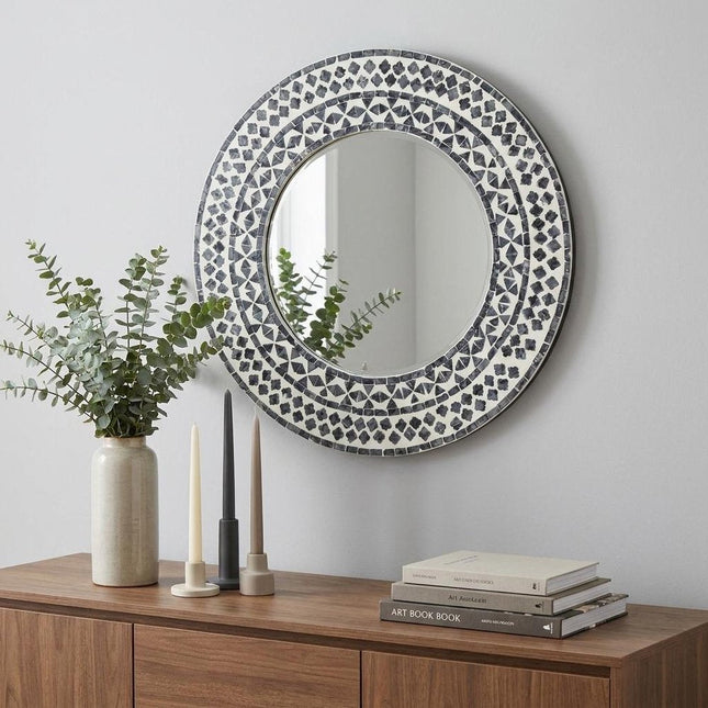 24" Black And White Round Wood And Shell Framed Accent Mirror HomeRoots