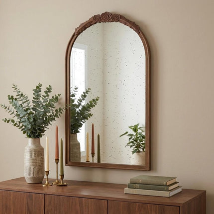 42" Brown Crowned Top Antiqued Glass Arch Framed Accent Mirror HomeRoots