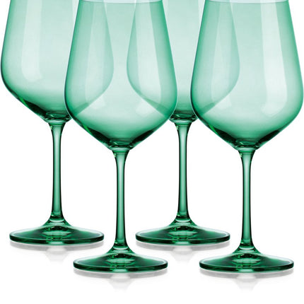 Set of Four Green Crystal Balloon Bowl Stemmed Red Wine Glass