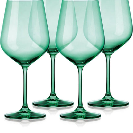 Set of Four Green Crystal Balloon Bowl Stemmed Red Wine Glass