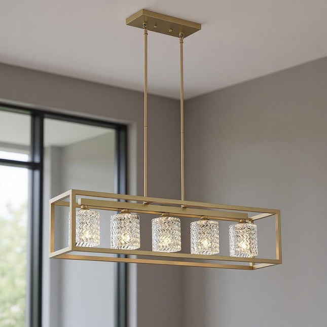 Brass Kitchen Island Five Light Metal Dimmable Chandelier With Clear Shades HomeRoots