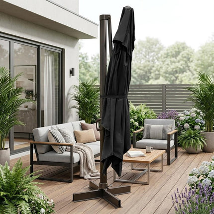 13' Black Polyester Rectangular Tilt Cantilever Patio Umbrella with Stand HomeRoots