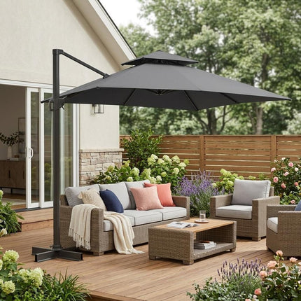 113" Dark Gray Polyester Rectangular Tilt Cantilever Patio Umbrella With Stand HomeRoots