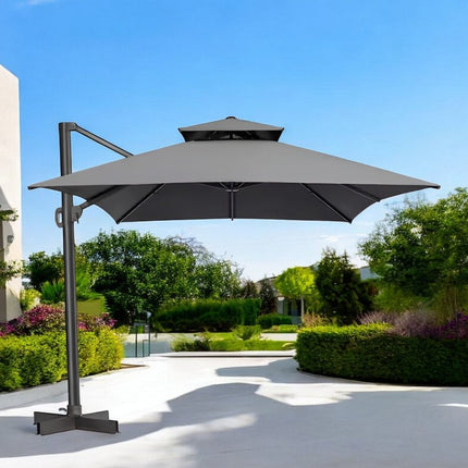 113" Dark Gray Polyester Rectangular Tilt Cantilever Patio Umbrella With Stand HomeRoots