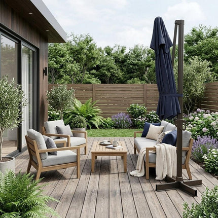 13' Navy Blue Polyester Rectangular Tilt Cantilever Patio Umbrella with Stand HomeRoots