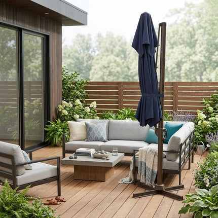 10' Navy Blue Polyester Square Tilt Cantilever Patio Umbrella with Stand HomeRoots