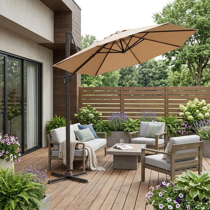 10' Tan Polyester Square Tilt Cantilever Patio Umbrella with Stand HomeRoots