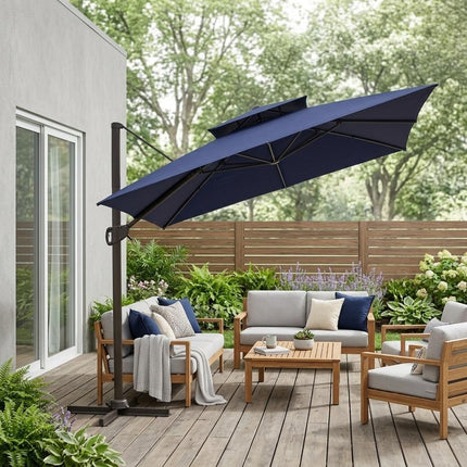 15" Navy Blue Polyester Round Tilt Cantilever Patio Umbrella with Stand HomeRoots