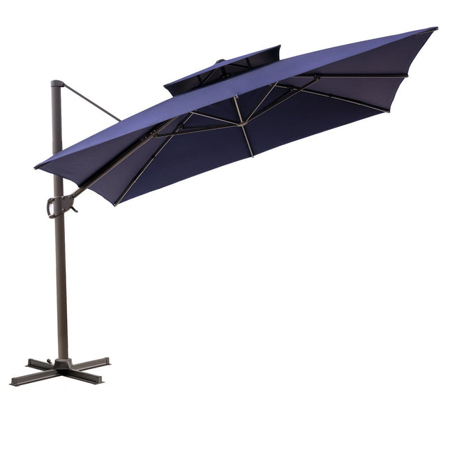 15" Navy Blue Polyester Round Tilt Cantilever Patio Umbrella with Stand HomeRoots