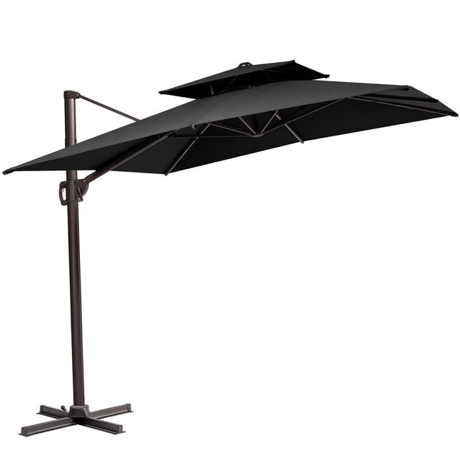 11' Black Polyester Round Tilt Cantilever Patio Umbrella with Stand HomeRoots