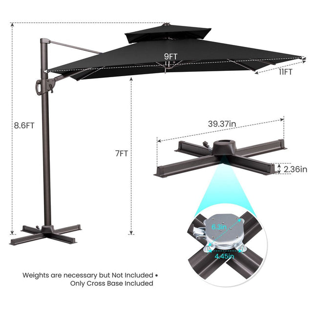 11' Black Polyester Round Tilt Cantilever Patio Umbrella with Stand HomeRoots