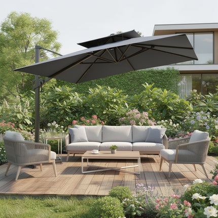 11' Gray Polyester Round Tilt Cantilever Patio Umbrella with Stand HomeRoots