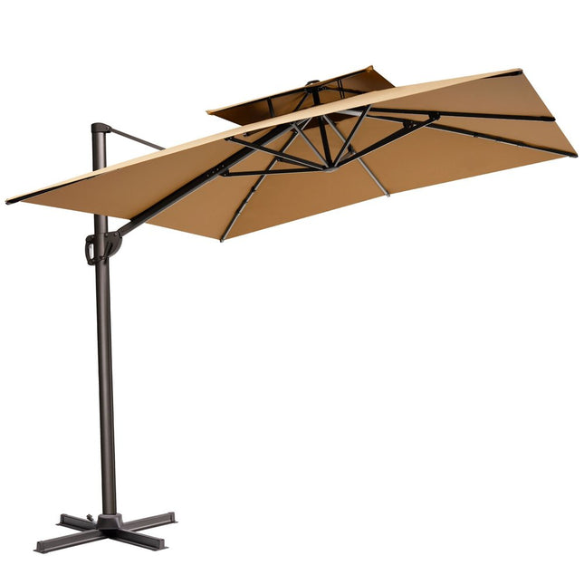 11' Tan Polyester Round Tilt Cantilever Patio Umbrella with Stand HomeRoots