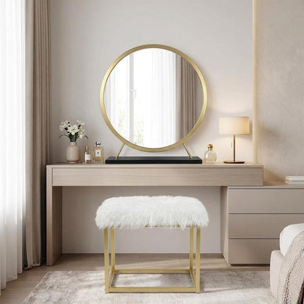 Set of Two Gold Black and White Metal And Faux Fur Freestanding Makeup Mirror And Stool