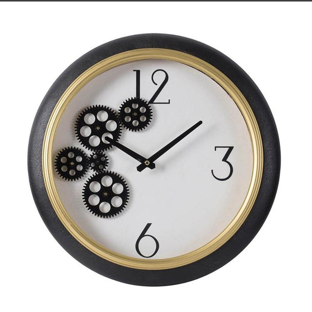 16" Black Gold And White Faux Leather And Iron Analog Exposed Gear Round Wall Clock HomeRoots