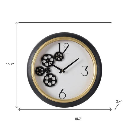 16" Black Gold And White Faux Leather And Iron Analog Exposed Gear Round Wall Clock