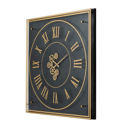 35" Black And Gold Glass And Metal Exposed Gear Square Wall Clock HomeRoots