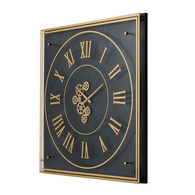 35" Black And Gold Glass And Metal Exposed Gear Square Wall Clock HomeRoots
