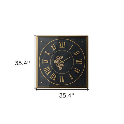35" Black And Gold Glass And Metal Exposed Gear Square Wall Clock HomeRoots