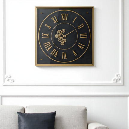 35" Black And Gold Glass And Metal Exposed Gear Square Wall Clock HomeRoots