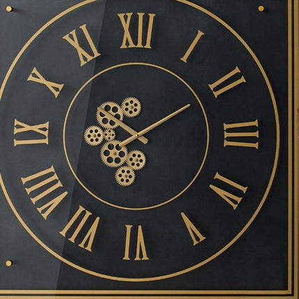 35" Black And Gold Glass And Metal Exposed Gear Square Wall Clock HomeRoots