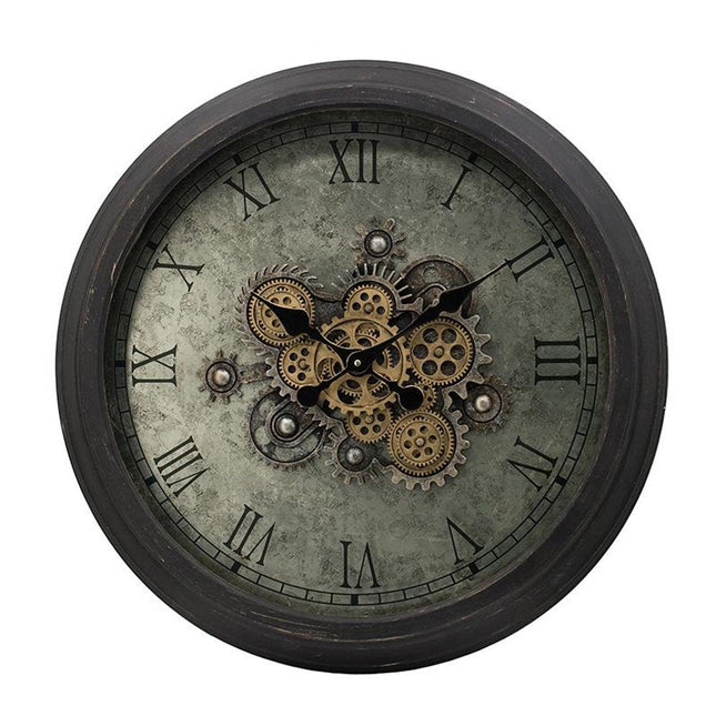 28" Circle Black and Gray Wood and Glass Analog Exposed Gear Wall Clock HomeRoots