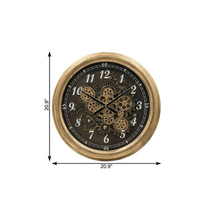 21" Circle Black and Gold Wood and Glass Analog Exposed Gear Wall Clock HomeRoots