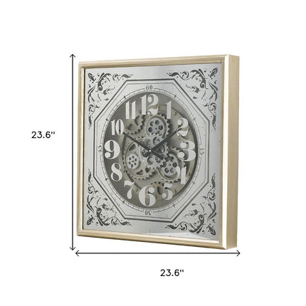 24" Square Gold and Silver Wood and Mirror Exposed Gear Wall Clock HomeRoots
