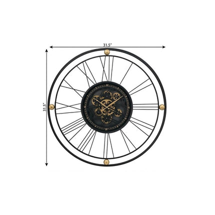 32" Circle Black and Gold Metal and Glass Analog Exposed Gear Wall Clock HomeRoots