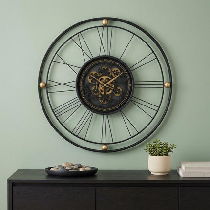 32" Circle Black and Gold Metal and Glass Analog Exposed Gear Wall Clock HomeRoots