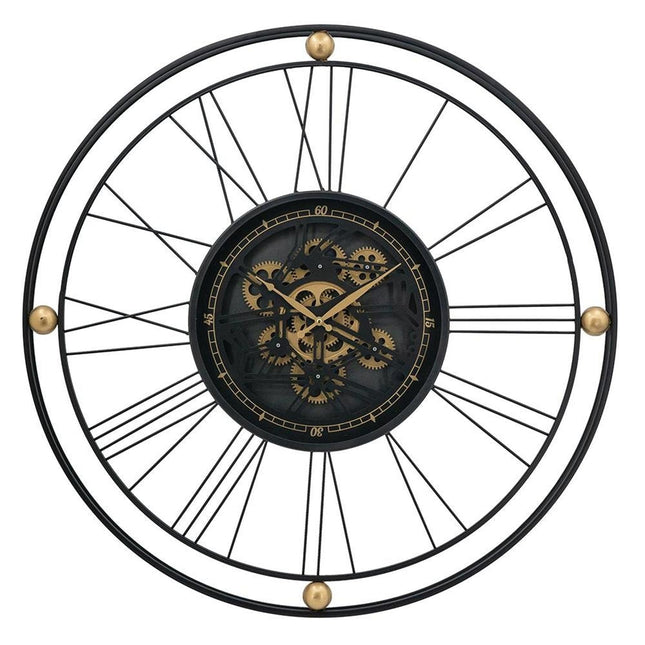 32" Circle Black and Gold Metal and Glass Analog Exposed Gear Wall Clock HomeRoots