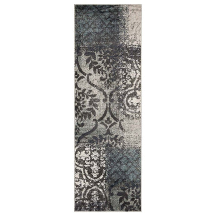 10' Teal And Ivory Damask Distressed Runner Rug HomeRoots