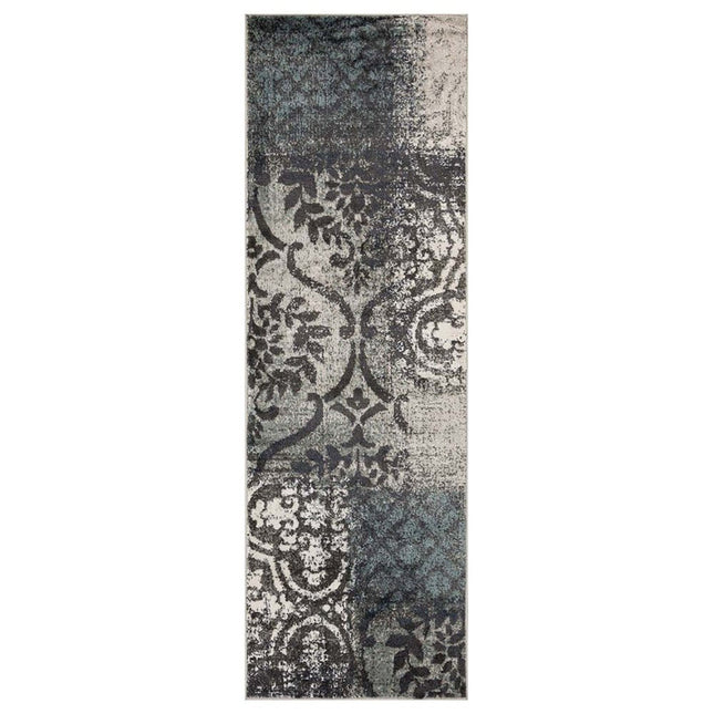 10' Teal And Ivory Damask Distressed Runner Rug HomeRoots