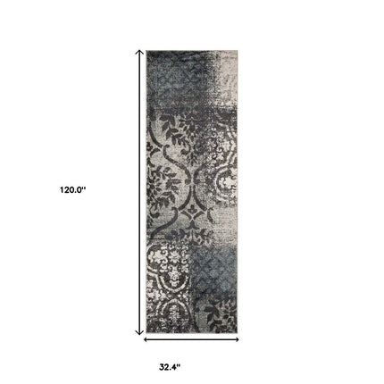10' Teal And Ivory Damask Distressed Runner Rug HomeRoots